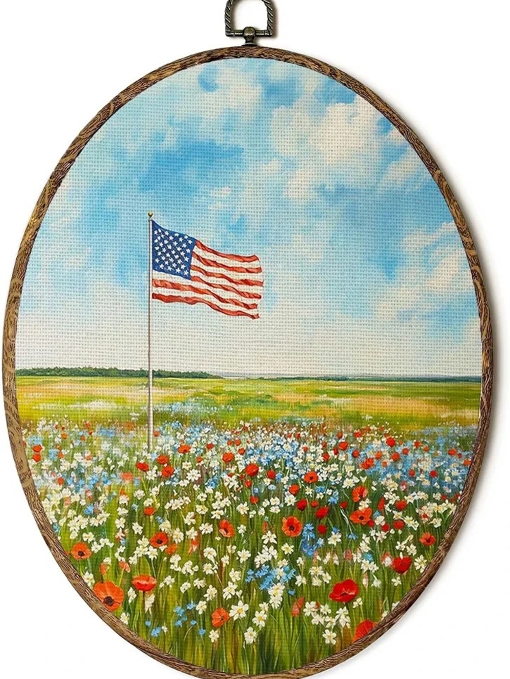 American Flag Wildflowers Oval Framed Wall Canvas Art Framed 8.8in x 11.5in